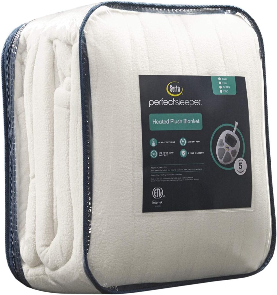 Serta Reversible Fleece to Sherpa Electric Blanket Fast Heating Soft Cover, Safety Auto Shut Off Timer, Low EMF, Multi Heat Setting, ETL Certified, Machine Washable, Ivory Queen (90x 84)