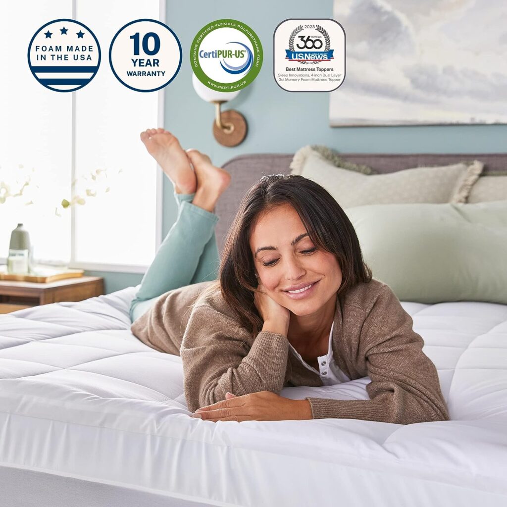 Sleep Innovations Dual Layer 4 Inch Memory Foam Mattress Topper, California King Size, Ultra Soft Support, 3 Inch Cooling Gel Memory Foam Plus 1 Inch Fluffy Pillow Top Cover